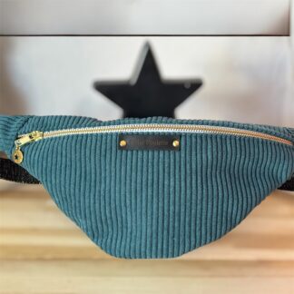 Sac banane en velours côtelé bleu vert – création artisanale française P’tite Poulette